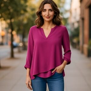 Alfani | Purple ruffle layered look hi- low top